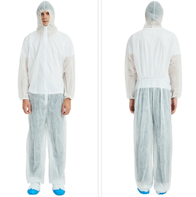 Breathable Microporous Fabric Disposable Protective Coverall In White / Blue